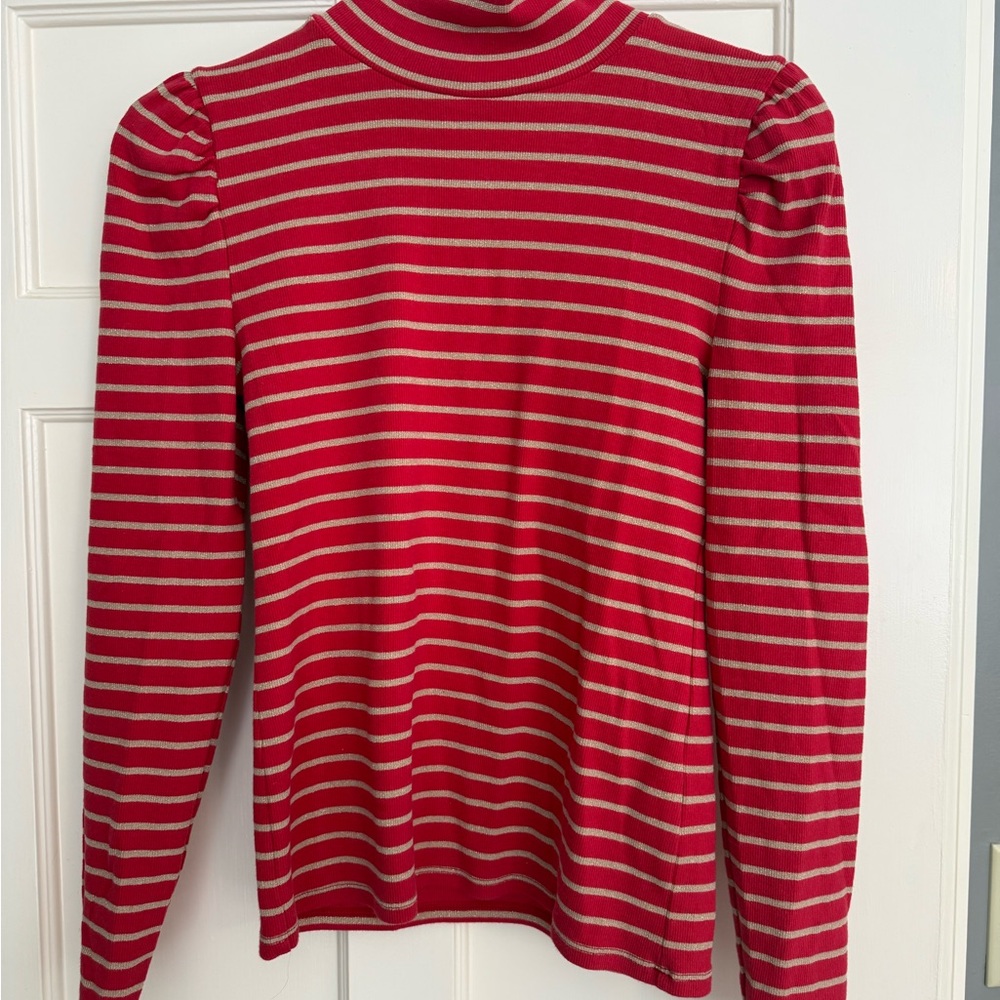 J. Crew Red and Metallic Striped Long Sleeve Top